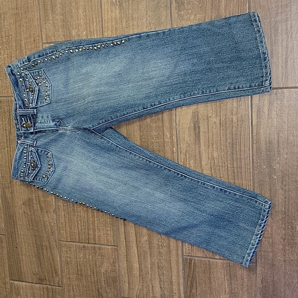 Baccini studded cropped stretch blue jeans copper silver studs brads sz 2 EUC …